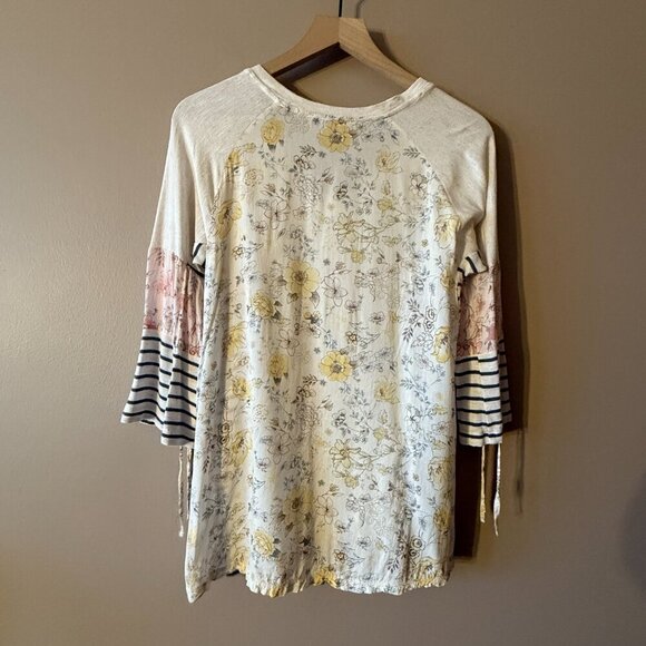 Women's S Democracy Striped Floral Blouse Multicolor Tie Pull Sleeve Bohemian - Picture 3 of 6